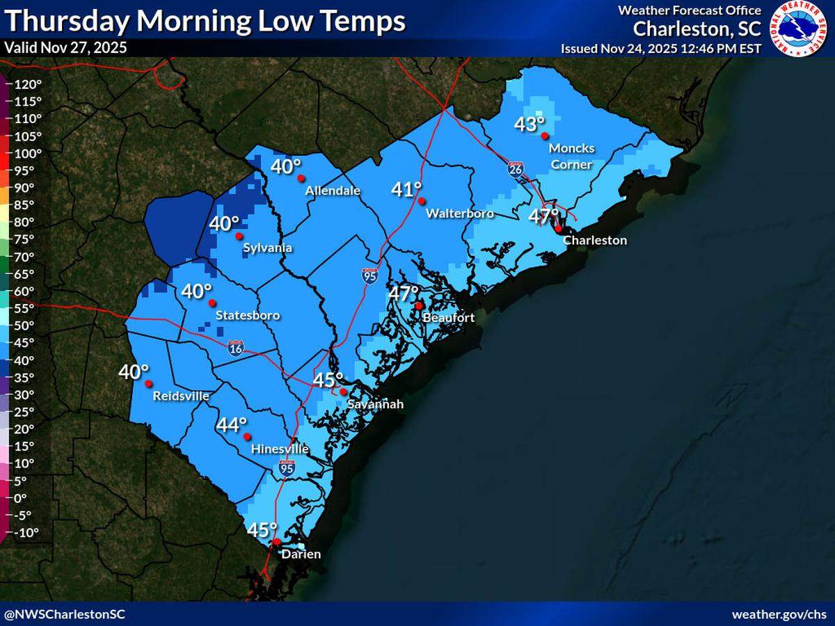 Latest temperature forecast for Thanksgiving morning 2025, issued at 12:46 p.m. on Nov. 24 by the National Weather Service Charleston Office.