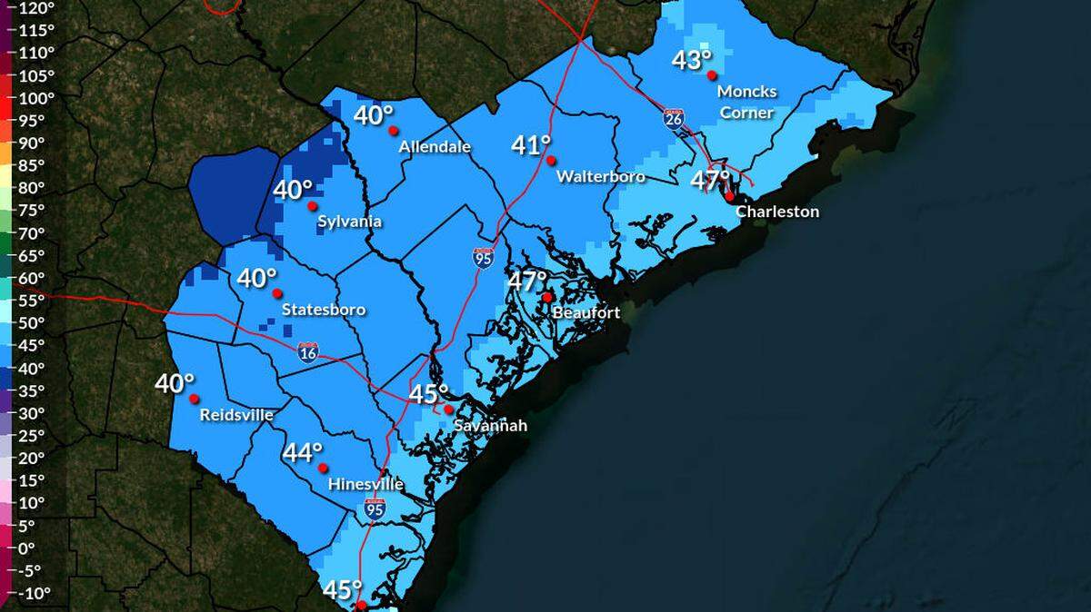 Latest temperature forecast for Thanksgiving morning 2025, issued at 12:46 p.m. on Nov. 24 by the National Weather Service Charleston Office.