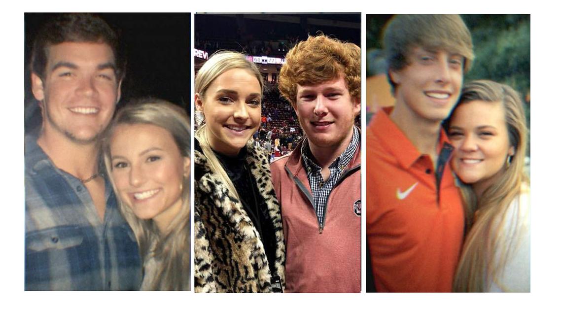 Pictured are the passengers who were on Paul Murdaugh’s family boat when it crashed on Feb. 24, 2019 leading to the death of 19-year-old Mallory Beach. Pictured, from left: Anthony Cook photographed with Mallory Beach; Morgan Doughty pictured with Paul Murdaugh; and Connor Cook photographed with Morgan Doughty.