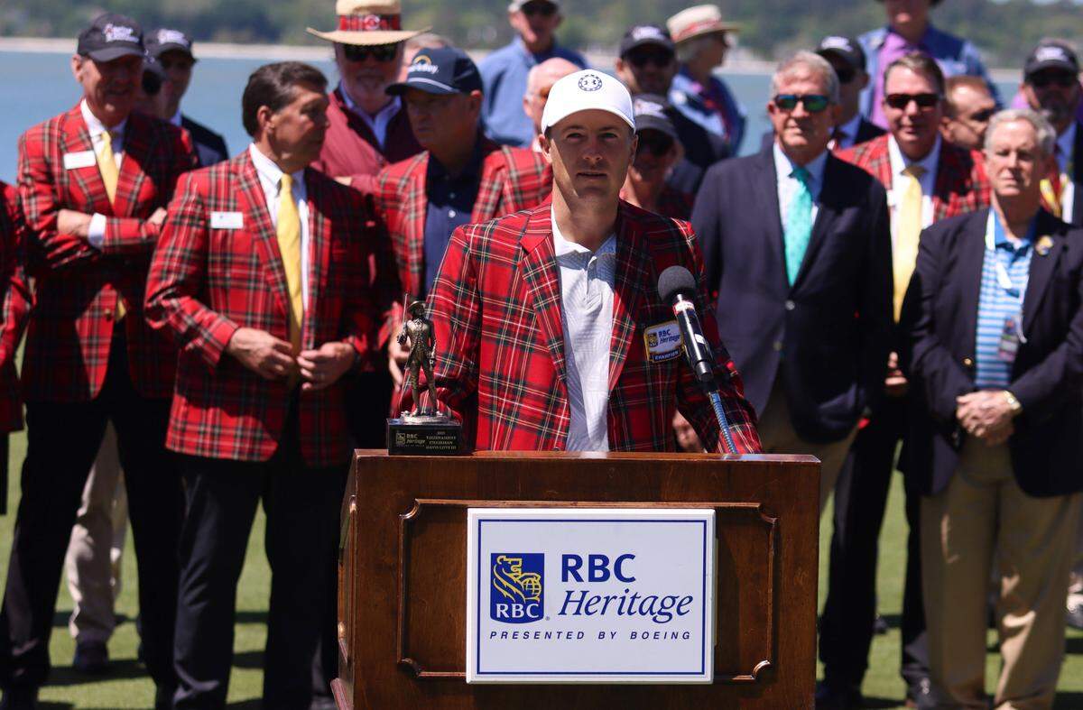Defending champion Jordan Spieth speaks during the opening ceremony of the 2023 RBC Heritage Presented by Boeing on April 11, 2023, at Harbour Town Golf Links on Hilton Head Island, S.C.