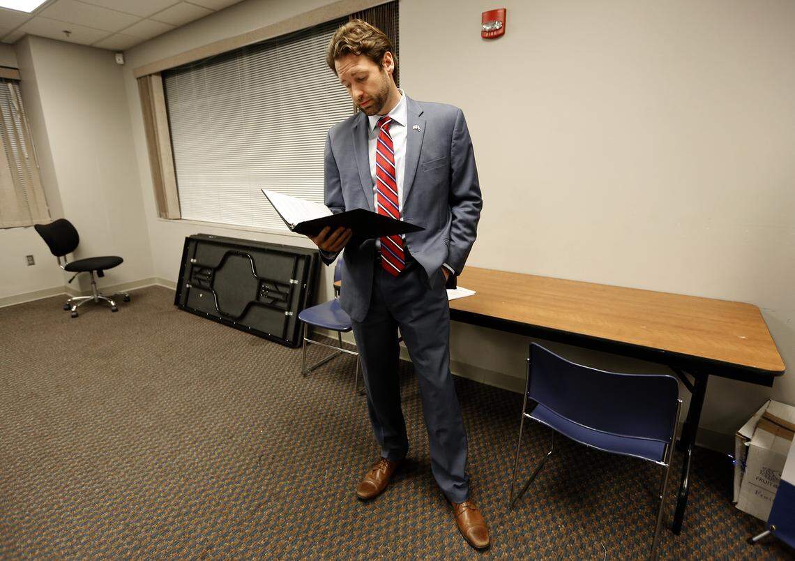 Democrat Joe Cunningham studies his speech in a back room before his victory press conference at the International Longshoremen’s Association hall in Charleston, S.C., Wednesday, Nov. 7, 2018. A Democrat last won in the district that stretches from Charleston to Hilton Head Island in 1978.