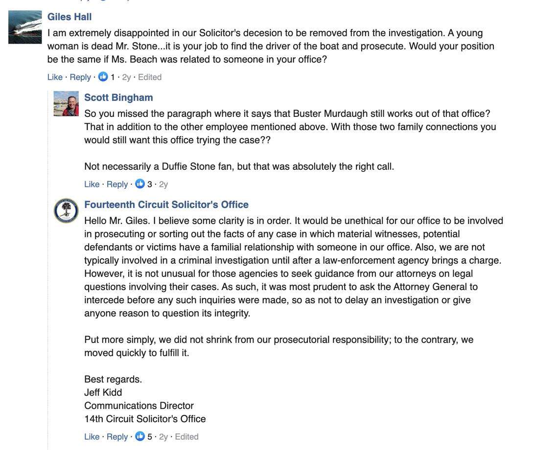 Comments on a 2019 article by The Island Packet and Beaufort Gazette shows the 14th Judicial Circuit Solicitor’s Office defending its decision to step away from the 2019 boat crash investigation.