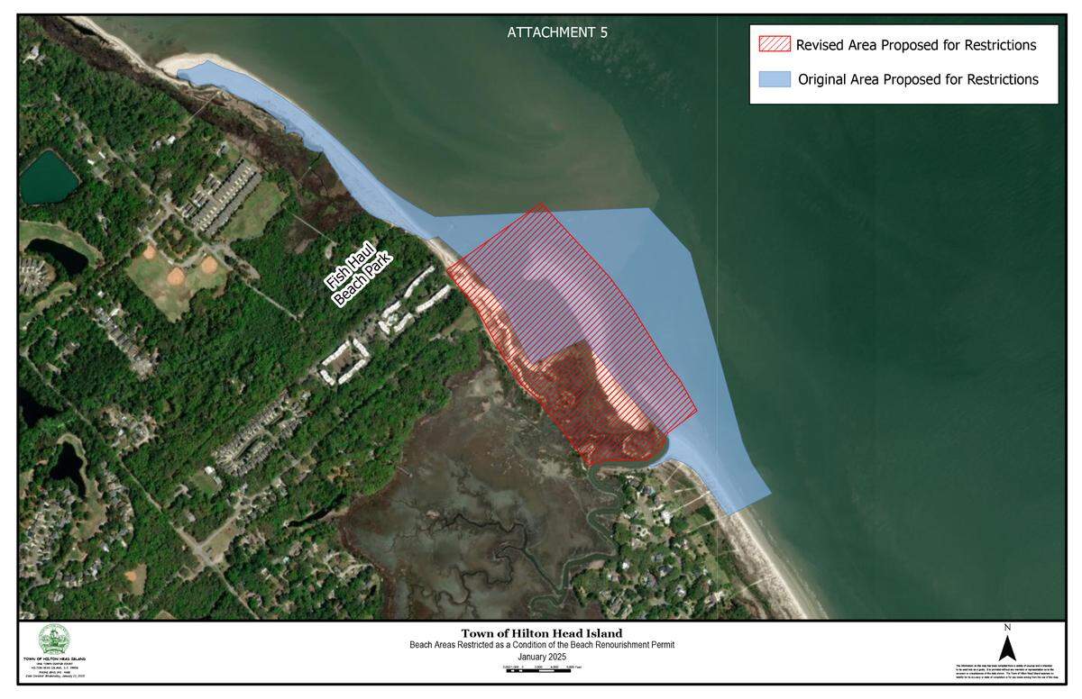 The area at Fish Haul Creek shoreline that will ​b​an dogs permanently​ to protect nesting shoreline birds was originally much larger but was scaled back to the red hatched area.