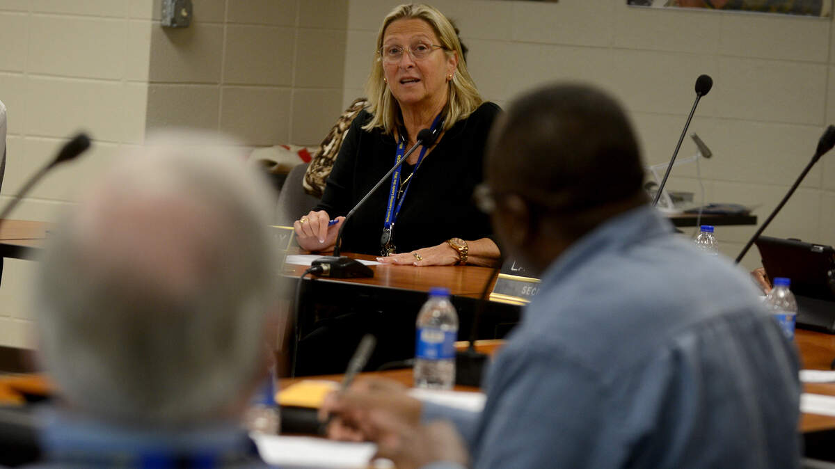 Mary Cordray, vice-chairman of the Beaufort County School Board, talks to members of the board during their meeting Oct. 12, 2015, at the Beaufort County School District Office in Beaufort.