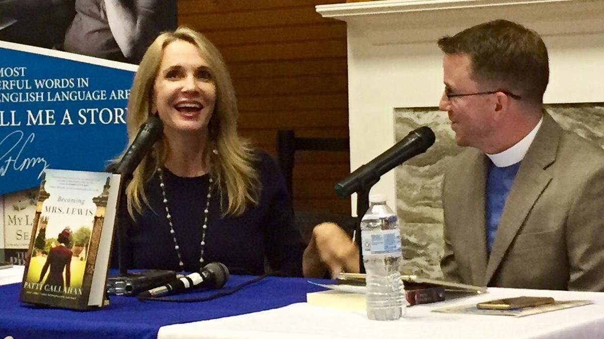 Patti Callahan speaks about her new historic novel “Becoming Mrs. Lewis” with the Rev. Jonathan Riddle of Bluffton at the town community center Thursday as part of this weekend’s Pat Conroy Literary Festival.