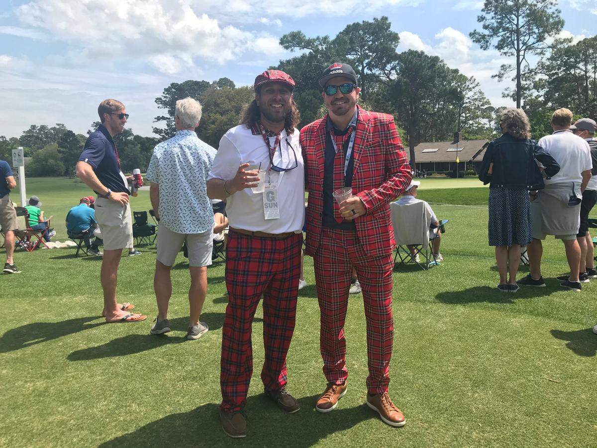 Alex Crocker, 37, of Hilton Head Island, left, and Drew Winters, 33, from Tulsa, Oklahoma, right, pose for a photo at the RBC Heritage Presented by Boeing on Sunday, April 18, 2021.