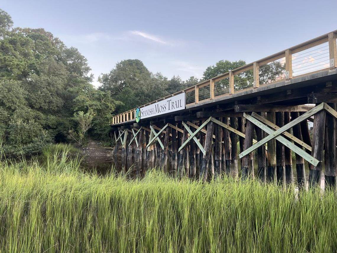 The Spanish Moss Trail sign on the old railway trestles, which is visible to passing motorists on Highway 21, has become iconic. Today, the trestles support the trail that carries bikers and and walkers over Albergotti Creek and the marsh.