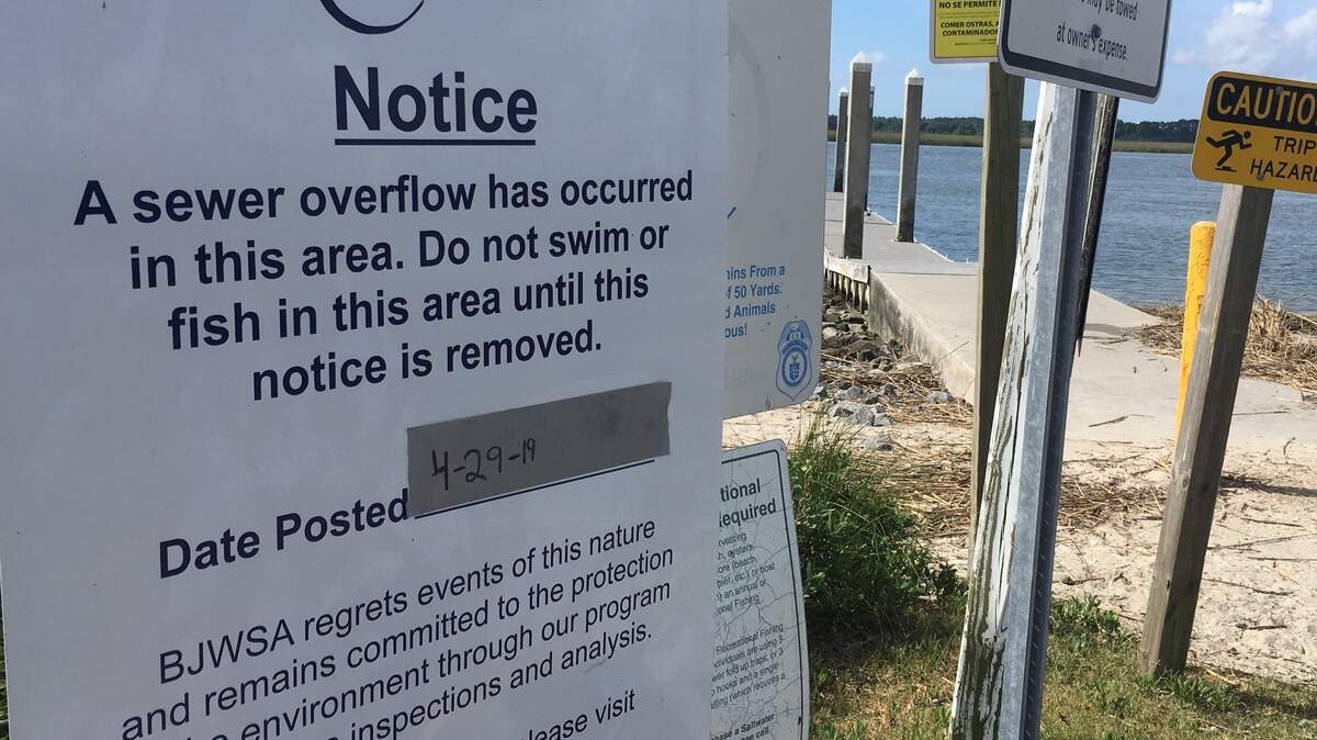 A sign at Port Royal Landing on Sands Beach Road in Port Royal informs visitors of a sewage spill off of Parris Island this week.