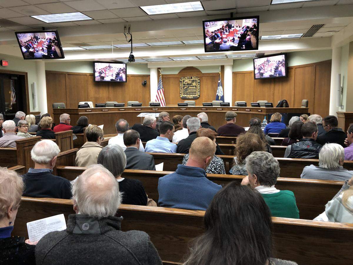 A packed house awaits the Dec. 10 Beaufort County Council meeting, which ultimately saw approval of a controversial development agreement with Robert Graves on the Okatie River-front Pepper Hall plantation.