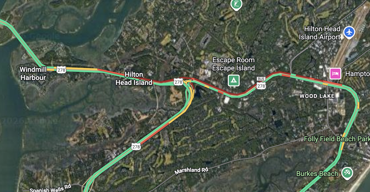 Traffic backups extended over 3 miles down William Hilton Parkway (U.S 278) and south onto Cross Island Parkway around 5 p.m. on Jan. 15, 2025, after a three-car crash earlier in the afternoon briefly shuttered all westbound lanes of the highway.