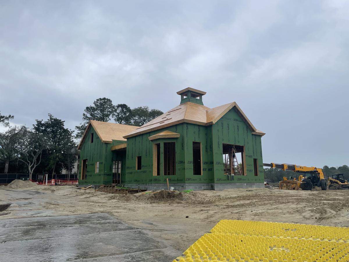 The new building that will house Jake’s Cargo has taken shape already. Green wall sheathing shown here will help protect the building from moisture, according to Huber Engineered Woods LLC.