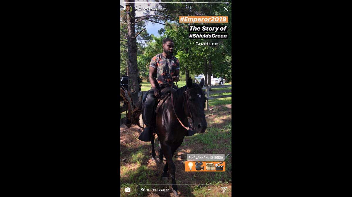 Actor Dayo Okeniyi rides a horse in preparation for filming "Emperor" in Savannah, Georgia, on Tuesday, June 12, 2018.