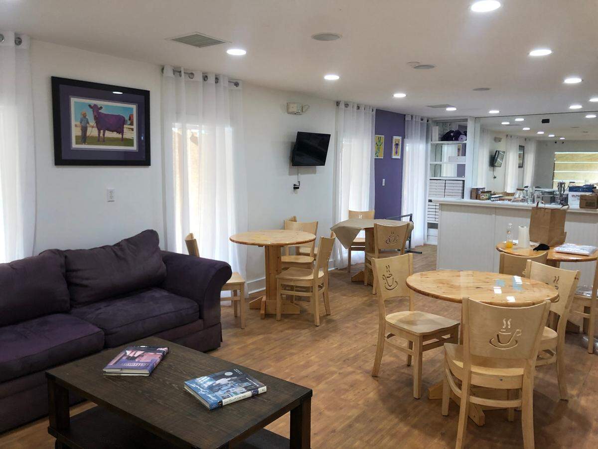The seating area at Purple Cow on Hilton Head Island. The bakery will serve donuts, cheesecake and “whatever I feel like making,” owner Lisa Bernstein said.