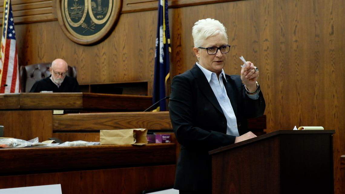 In her closing arguments, Trasi Campbell, chief public defender of the 14th Circuit Public Defender’s Office, assures the jury in the trial against her client Isaiah Gadson Jr. that they should find him not guilty when they leave the courtroom for deliberations on May 24, 2018.
