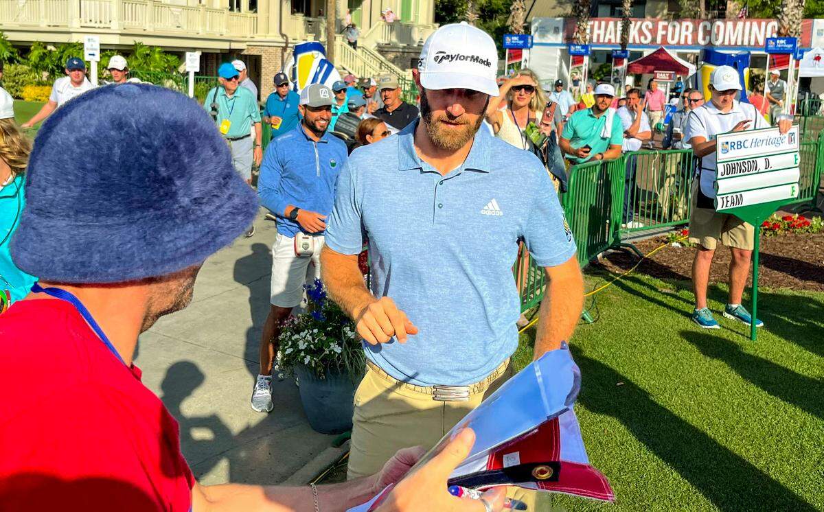 A fan asks South Carolina native Dustin Johnson for an autograph at the RBC Heritage Presented By Boeing’s Pro-Am on Wednesday, April 13, 2022, at Harbour Town Golf Links on Hilton Head Island
