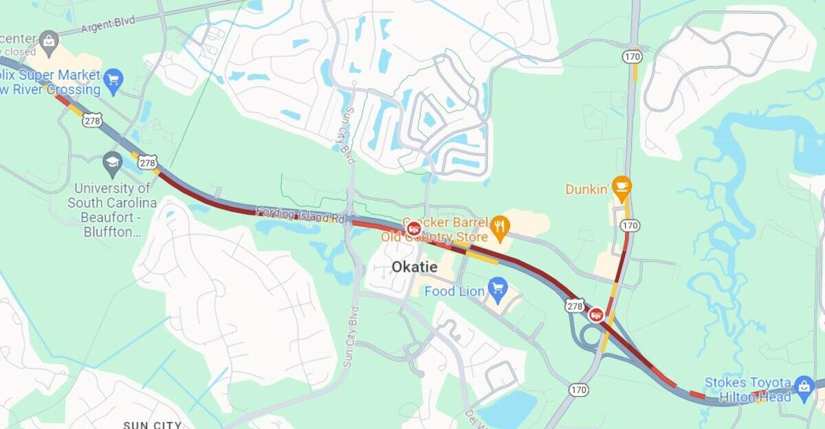 This Google Maps screenshot shows traffic on U.S. 278 in Okatie on Thursday, Sept. 21.