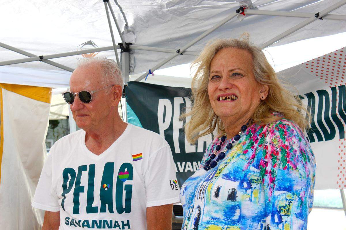 PFLAG Savannah reps David Lewis (left) and Niki Moran (right) came to Lowcountry Pride. LGBTQ individuals with families that are struggling to accept their identity are encourage to bring their families to PFLAG meetings, where they will find a safe space to ask questions and learn about the LGBTQ community.