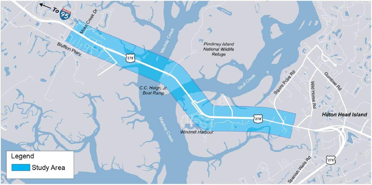 The study area for the U.S. 278 Corridor project by the S.C. Department of Transportation. The study area was extended to Spanish Wells Road on Hilton Head Island from Squire Pope Road earlier this year.