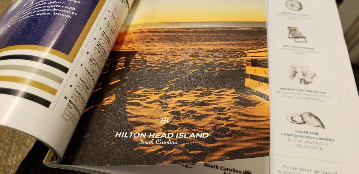 One of the advertisements bought by Hilton Head-Bluffton Chamber of Commerce in the August issue of Travel + Leisure magazine featured a beach scene using a textured card stock for the sandy beach parts of the photo..