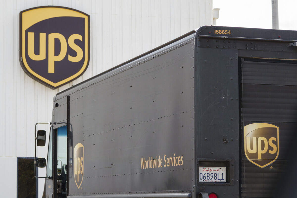 A United Parcel Service Inc. (UPS) truck is parked at a distribution center on April 4, 2025 in San Diego, California.