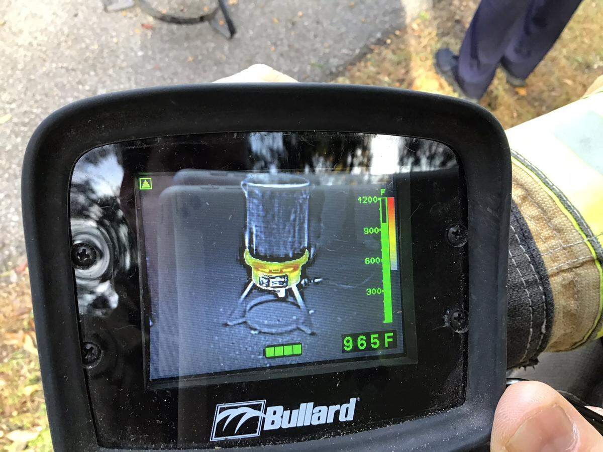 A temperature reading from the Burton Fire District of how hot a burner gets while frying a turkey. This one shows 965 degrees Fahrenheit.