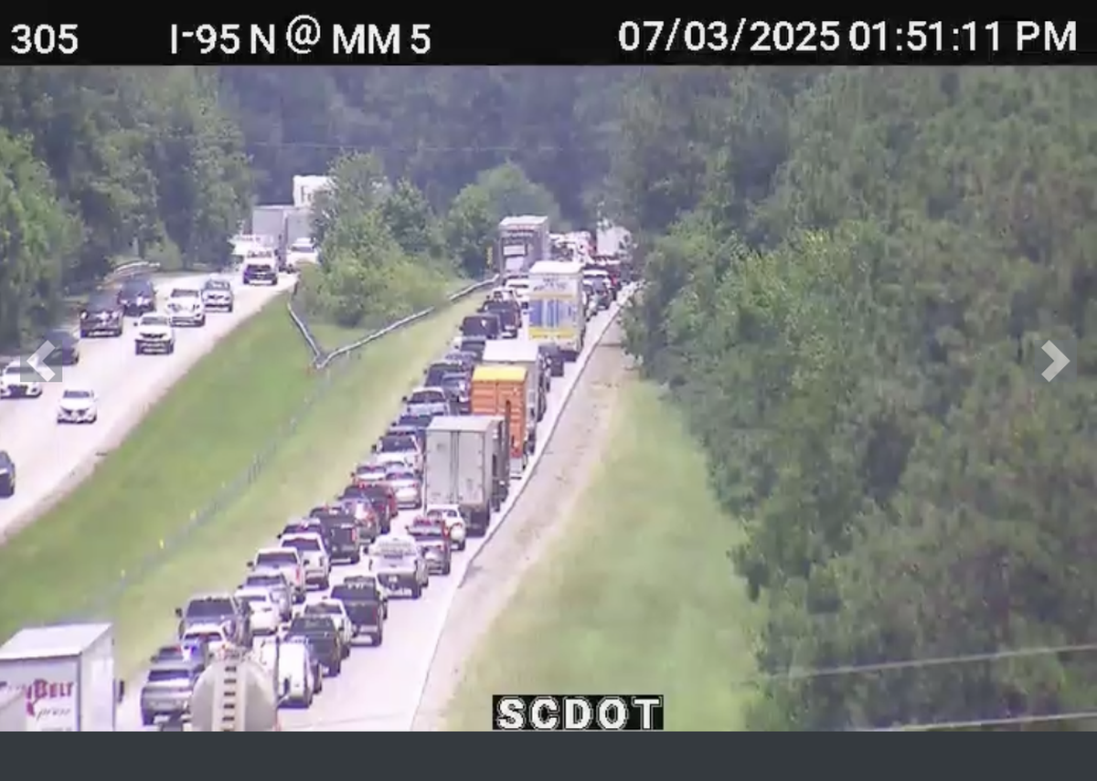 Traffic on the northbound lanes of I-95 slowed to speeds of 20 mph or less near Hardeeville around 2 p.m. July 3, 2025, after a vehicle collision. Officials asked drivers to avoid both directions of the interstate in the area.