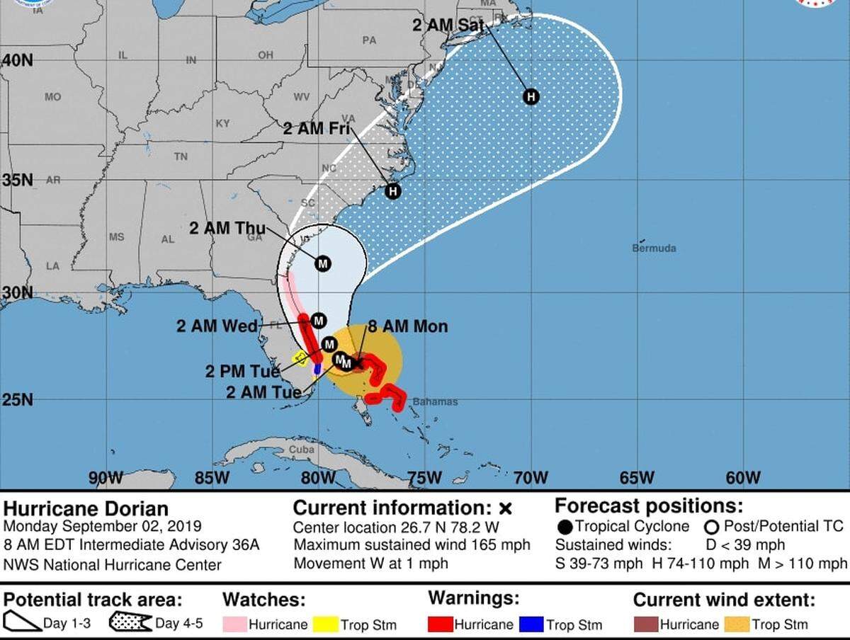 The projected track for Hurricane Dorian as of 8 a.m. Monday.