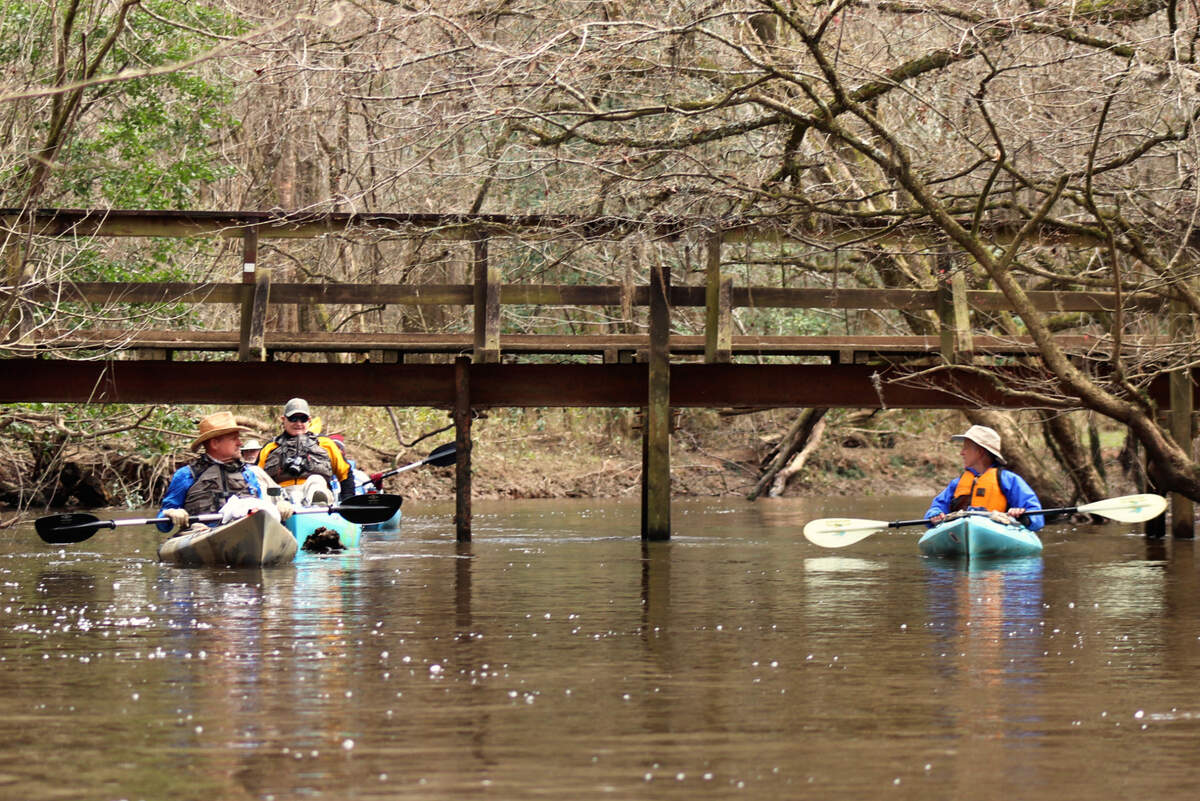 Hiking trails and boardwalks of&nbsp;Congaree National Park crisscross swampy Cedar Creek. Here kayakers Jerry Crisp of Branchville, Jim Leavell of Greenville and Alan Russell of Simpsonville enjoy afternoon conversation as they pass beneath a wooden bridge.&nbsp;