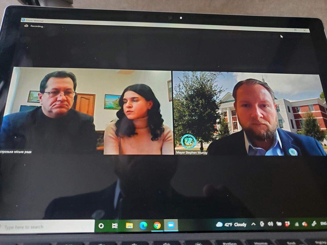Beaufort, S.C. Mayor Stephen Murray, right speaks Ostroh, Ukraine Mayor Yurii Yahodka during a Zoom call Thursday. A translator assisted. “We need aid for the elderly and the young as we try to find a place where the refugees can camp and rest,” Yahodka told Murray.