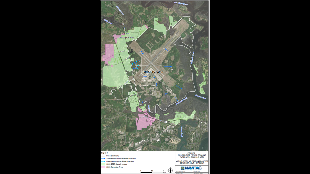 The Navy and Marine Corps are requesting permission from property owners around Marine Air Corps Station Beaufort to test water in private wells within both the pink and green areas for the presense of PFAS, a family of chemicals. The green area was previously tested. The pink area is a new area of testing. Wells in both areas will be tested.