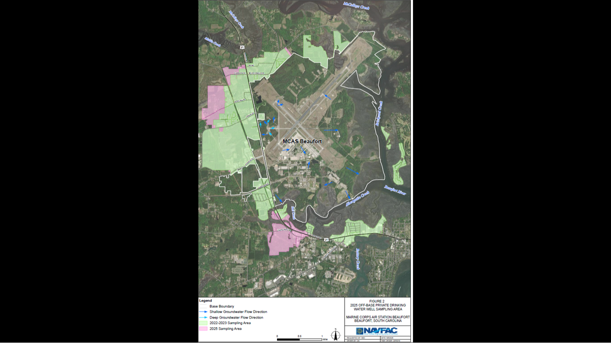 The Navy and Marine Corps are requesting permission from property owners around Marine Air Corps Station Beaufort to test water in private wells within both pink and green areas for the presense of PFAS, a family of chemicals. The green area was previously tested. The pink area is a new area of testing. Wells in both areas will be tested.