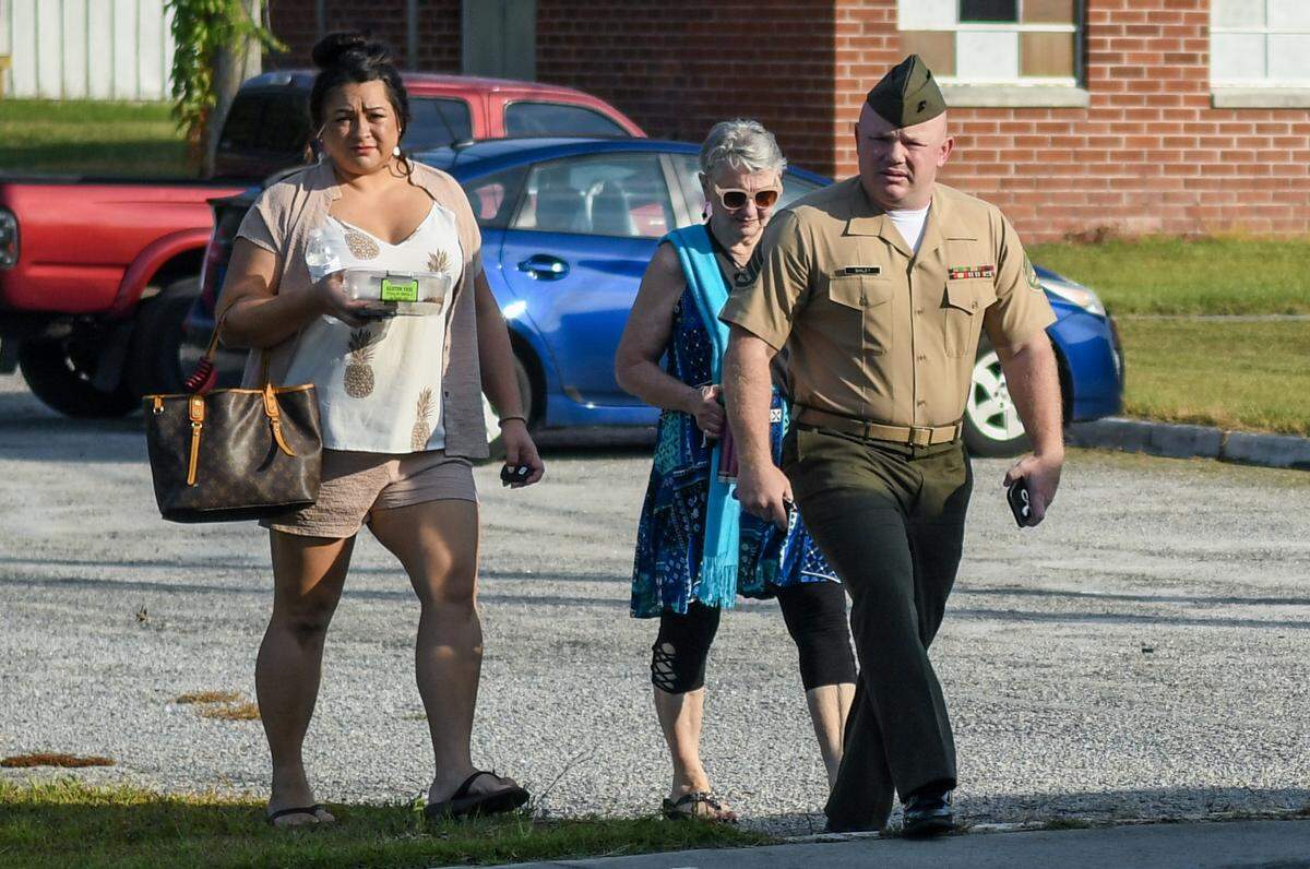 U.S. Marine Corps Staff Sergeant Steven Smiley arrives at Marine Corps Defense Services Organization Branch Office on Wednesday, July 26, 2023 in the continuation of his court martial on Marine Recruit Depot Parris Island. Smiley has plead not guilty to the charge of negligent homicide in the June 4, 2021 death of recruit Dalton Beals during “The Crucible.”&nbsp;