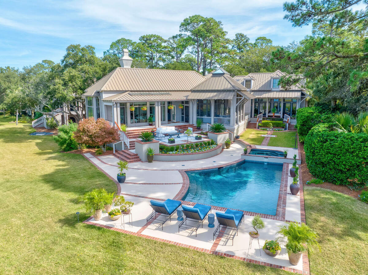This 6,000-square-foot home located in Sea Pines on Calibogue Cay Road was built in 1995 and is listed for $8.4 million. It has four bedrooms, five baths and has amazing views of Calibogue Sound from the house, pool and the dock.