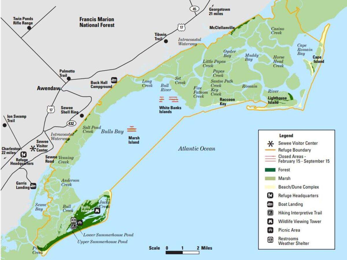 A map of Cape Romain National Wildlife Refuge, north of Charleston. The wildlife refuge is 66,000 acres.