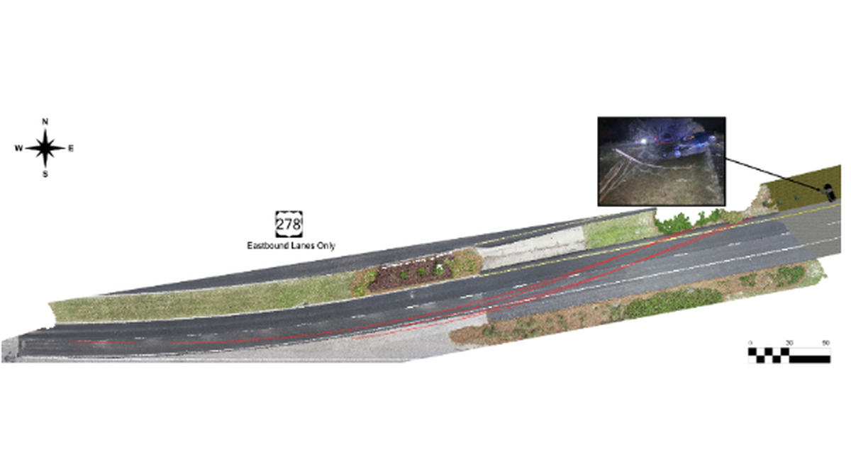 A map shows the trajectory of Jackson Abraham Macias’ car as it spun and crashed in the median of U.S. 278 on Oct. 8, 2022, killing a 22-year-old passenger from Bluffton. Macias was sentenced to six years in prison for reckless vehicular homicide and felony driving under the influence.