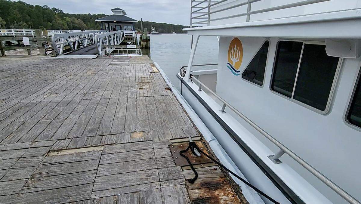 The Manatee II, the public ferry boat that travels from Pinckney Island to Daufuskie Island, tied up at the Melrose Boat Landing on March 26, 2024 on Daufuskie Island. The privately-owned dock has issues with its decking and missing or broken cleats.