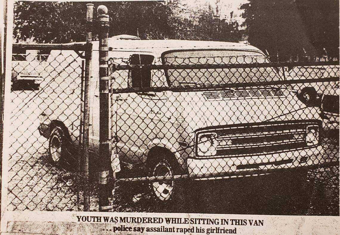 A news clipping from the Jan. 7, 1980, edition of The Beaufort Gazette shows David Krulewicz’s van after an unknown man shot into it through the passenger’s side window, killing David, who had just turned 18.