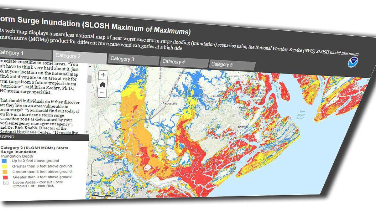 A screen capture of the NOAA Storm Surge Inundation website, showing storm surge predicted for areas of Beaufort and Jasper counties in a Category 2 hurricane strike.