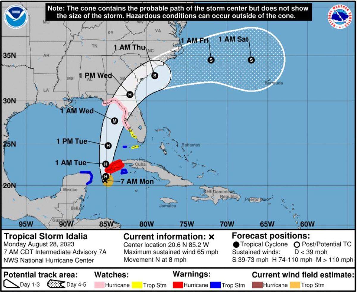 National Hurricane Center Advisory 7A for Tropical Storm Idalia on Monday, Aug. 28, 2023.