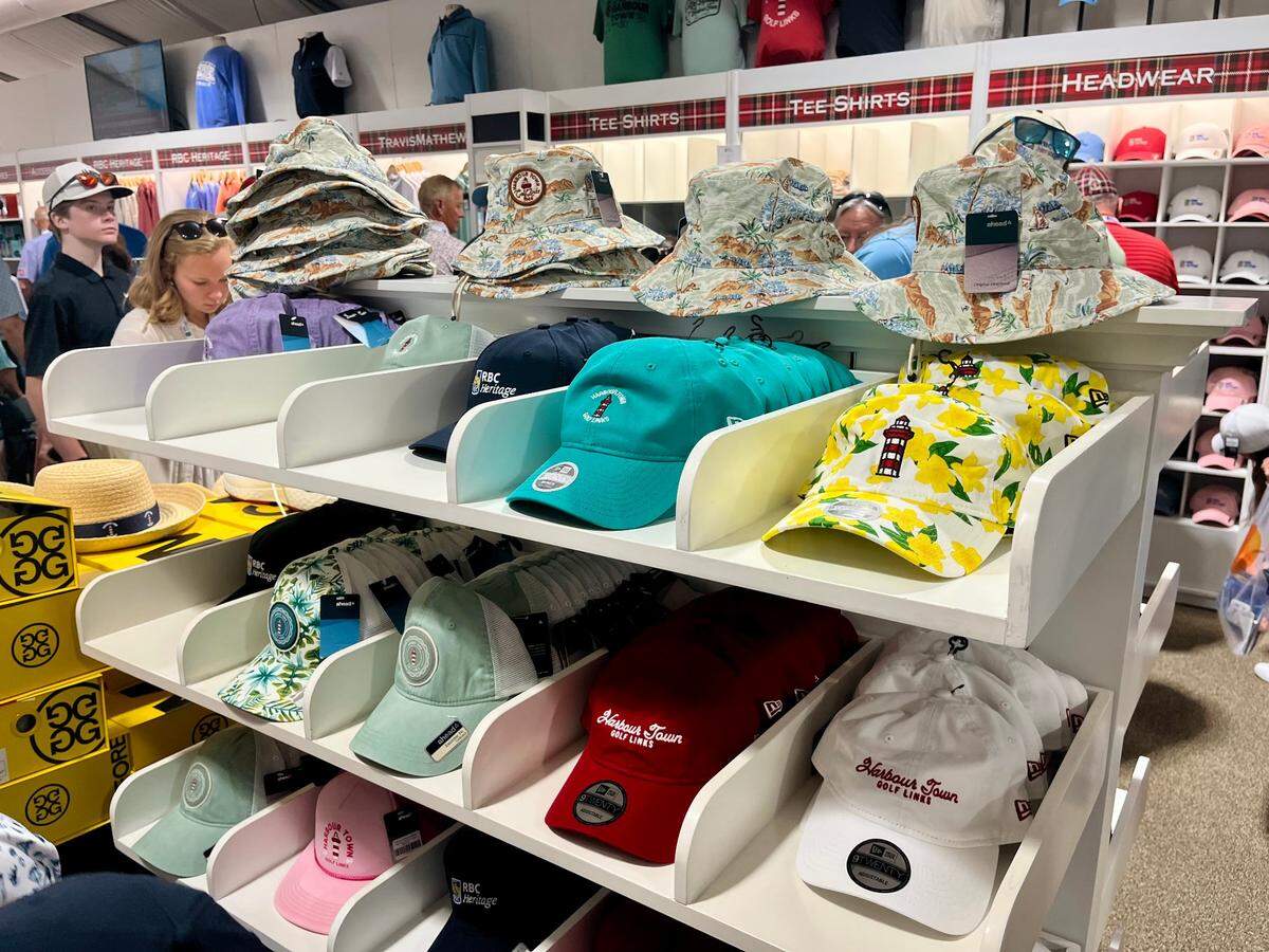 Harbour Town themed hats for purchase inside of the RBC Heritage Golf Shop, Friday, April 18 2025