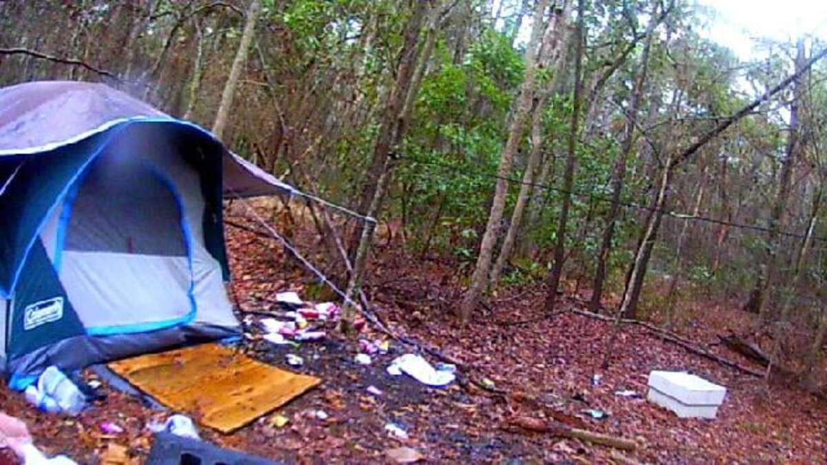 Dwellings of a homeless person who is living by a retention pond with an alligator in it.