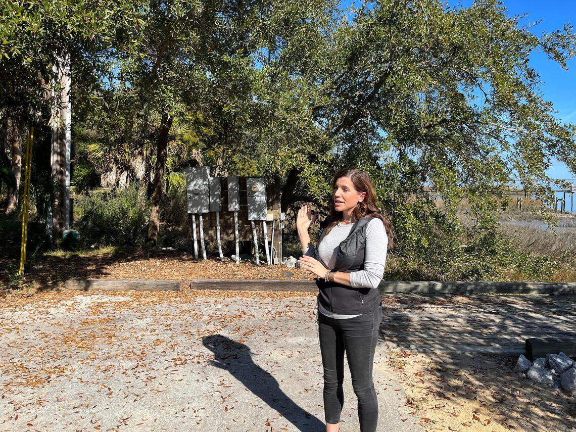 U.S. Rep. Nancy Mace speaks to reporters at Sams Point Boat Landing Thursday before departing for Morgan Island to see monkeys that she says the federal government should not be used for testing. No monkeys were visible form offshore on this day.