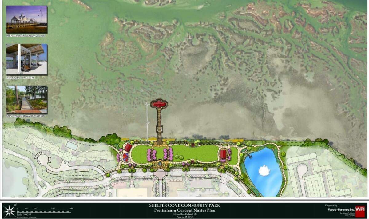 The old plan for the Shelter Cove park included a 163-foot pier that stretched into Broad Creek. The plan has been ditched by town staff in favor of a marshfront boardwalk. The town council will vote on the change Tuesday