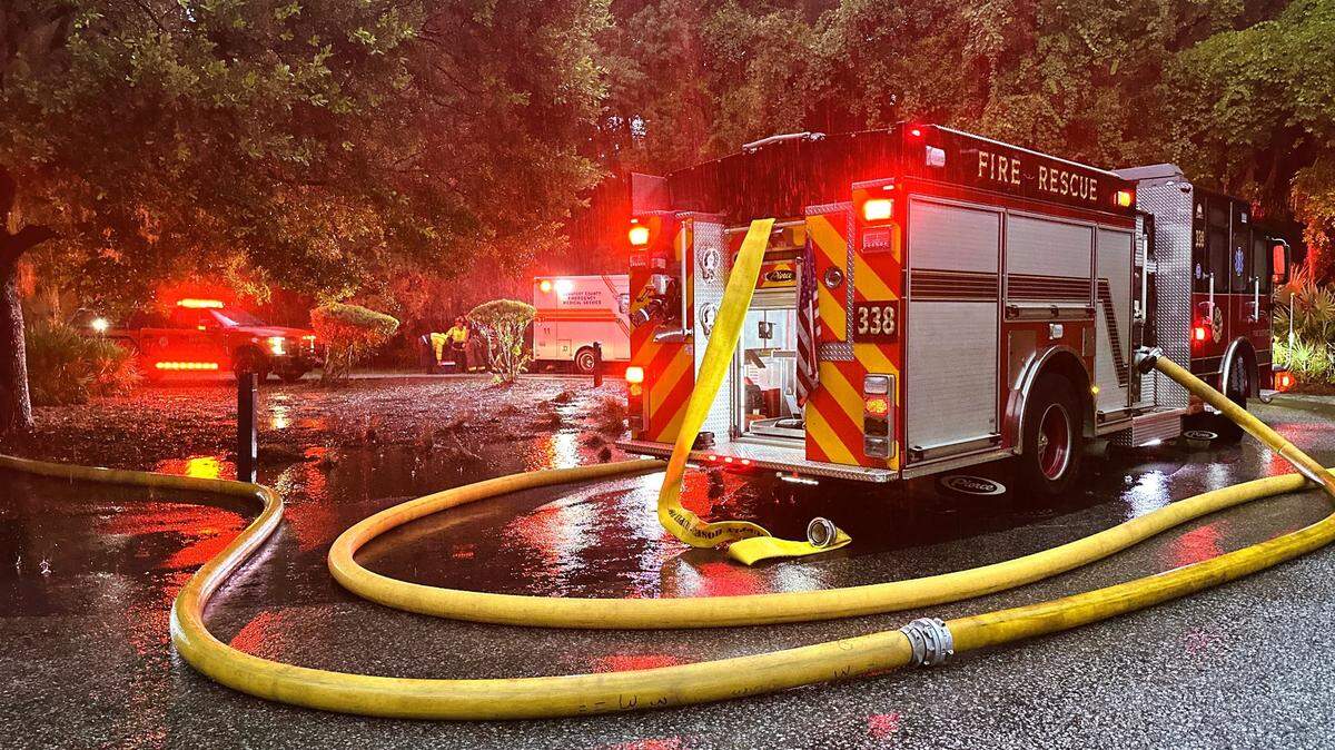Bluffton Township Fire District engine companies respond to a residential fire on Greenleaf Road in the Palmetto Bluff Community on July 10, 2025.