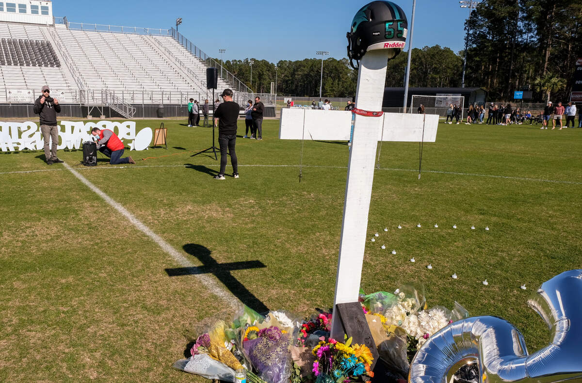 The memorial for Dwon “DJ” Fields Jr. before the start of the public vigil on Sunday, March 7, 2021 at Bluffton High School.