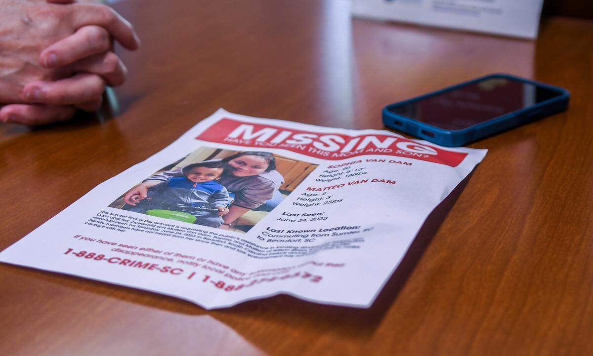 The missing poster that Theresa Van Dam posted In Sumter, S.C. near the rental home of her missing daughter Sophia and Sophia’s child, Matteo.