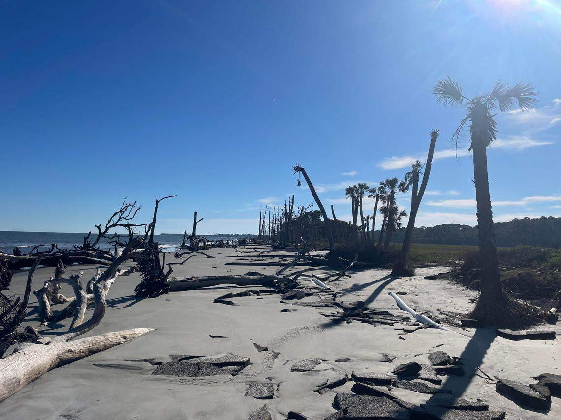 A section of Hunting Island State Park beach named the “boneyard.” PCV pipes stick out of the sand, remnants of the cabins that use to be there. Oct. 16, 2022.