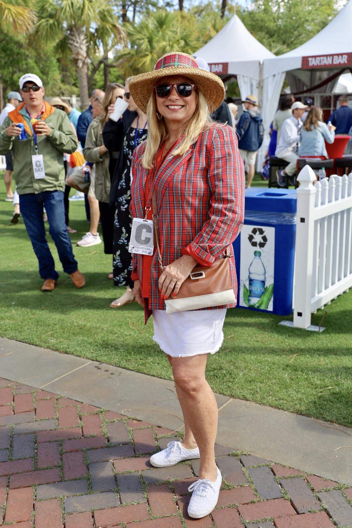 MaryLou Haraburd and her husband are locals and have been attending Heritage since 1981. For MaryLou, the RBC Heritage Presented by Boeing golf tournament is such a special event because “there’s an entire legacy and celebration to Heritage.” Her husband was a caddy for Heritage in ‘73 and ‘74 and says “it means so much for our family to celebrate each year.” MaryLou has always made sure to dedicate one day for wearing plaid and did a wonderful job this year by matching her hat, blazer and blouse.