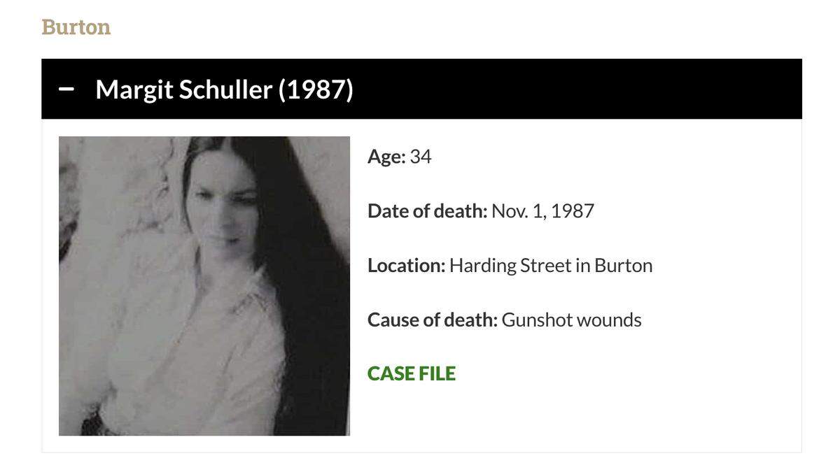 The Beaufort County Sheriff’s Office cold case file of Margit Schuller, 34, who was found shot to death in a laundry room at Palmetto Apartments on Harding Street on Nov. 1, 1987 in Burton.
