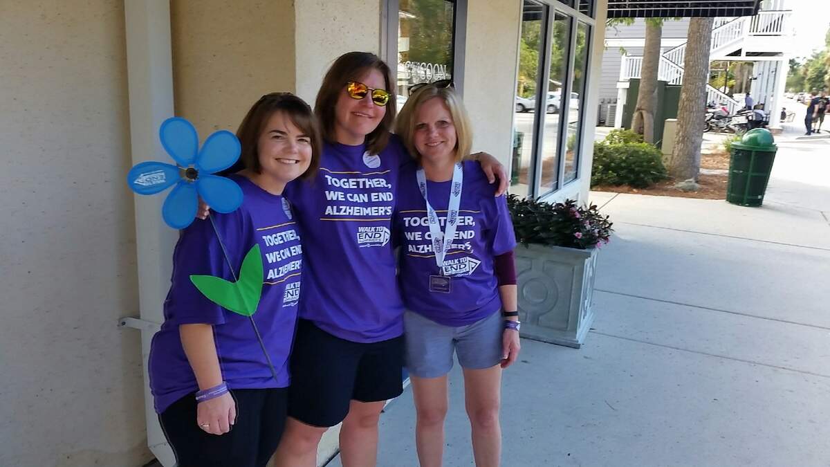 Sisters Denise Boyd of Lady’s Island, Teresa Cole of Rincon and Amy Hunsucker of Aiken will particpate in the Walk to End Alzheimer’s on Saturday in Beaufort. They are photographed at a previous year’s event.
